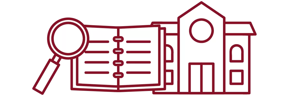 garnet iconography with magnifying glass, notebook, and academic building