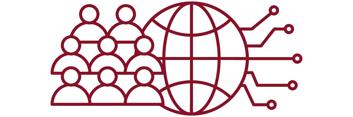 garnet iconography with people, globe, and network pathways