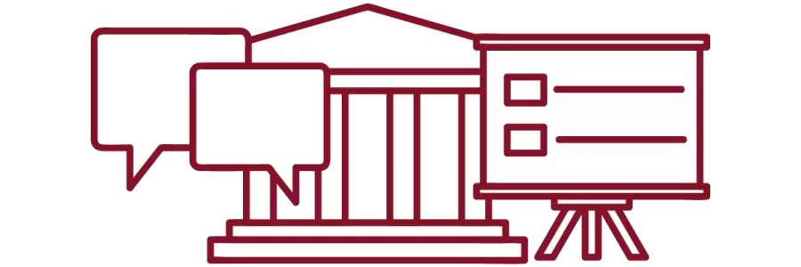 garnet iconography with speech bubbles, academic building, and presentation