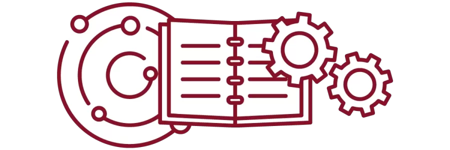 garnet iconography with concentric circles, notebook, and interlocking gears