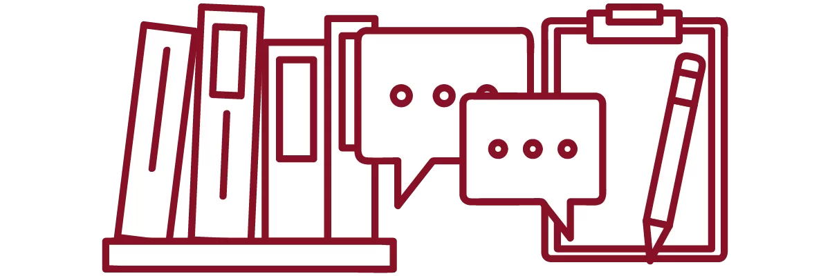 garnet iconography with books on a shelf, chat bubbles, and clipboard with pencil