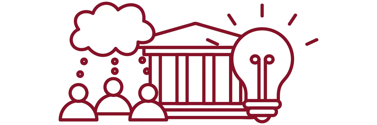 garnet iconography with people, speech bubble, academic building, and light bulb