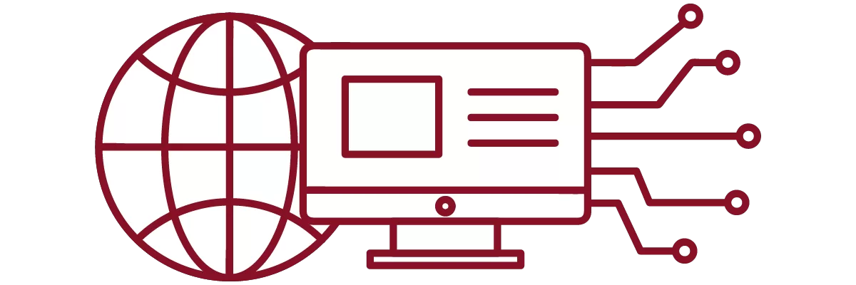 garnet iconography with globe, computer, and network pathways