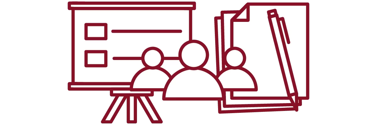 garnet iconography with presentation board, stack of paper, pen, and people