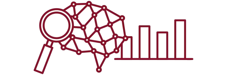 garnet iconography with magnifying glass, brain, and bar graph