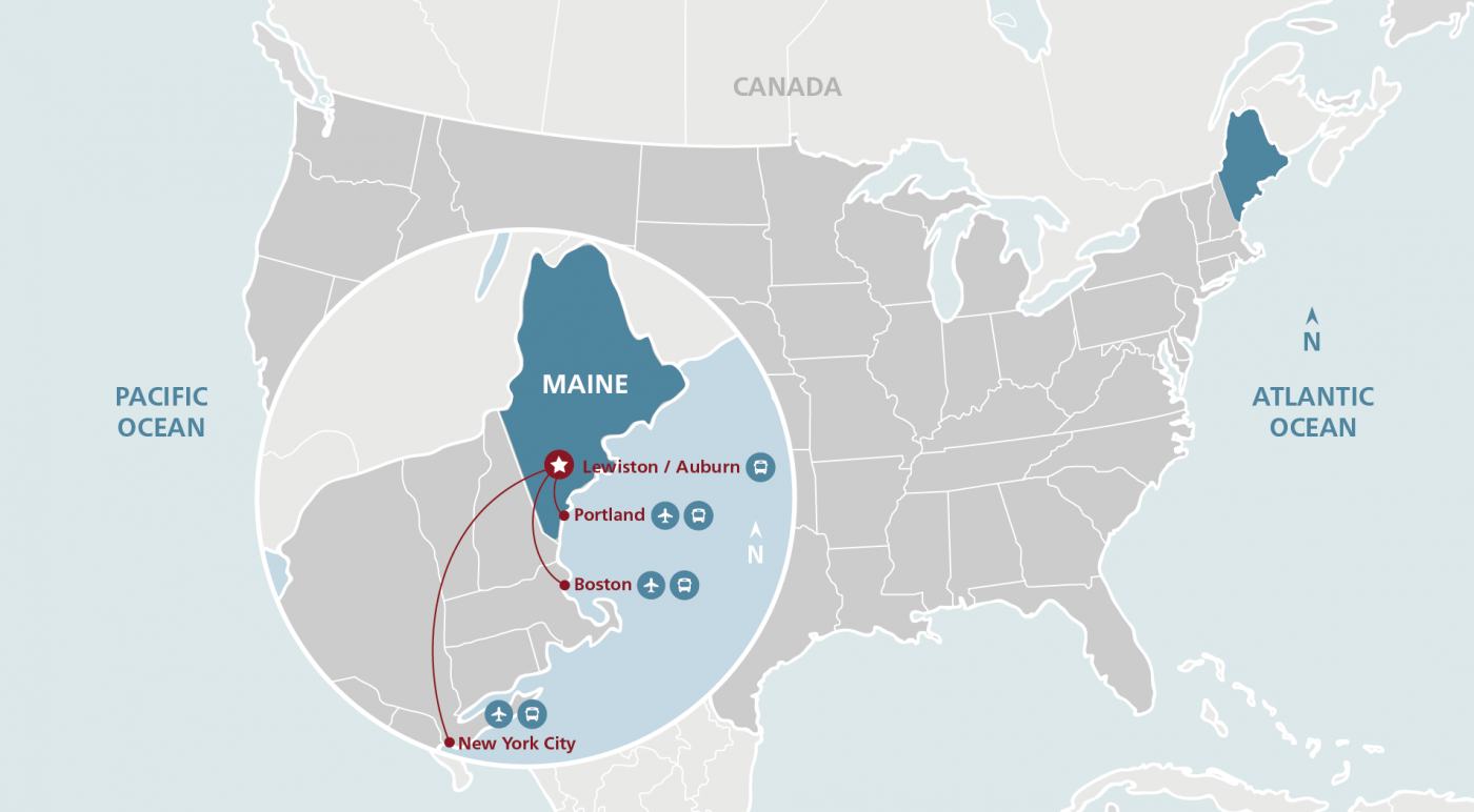 Map of United States with Maine highlighted and points of interest, including Lewiston/Auburn, Portland, Boston, and New York City.