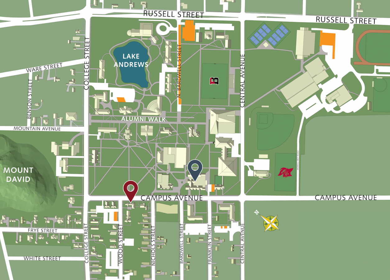 Map of Bates campus with visitor parking highlighted.