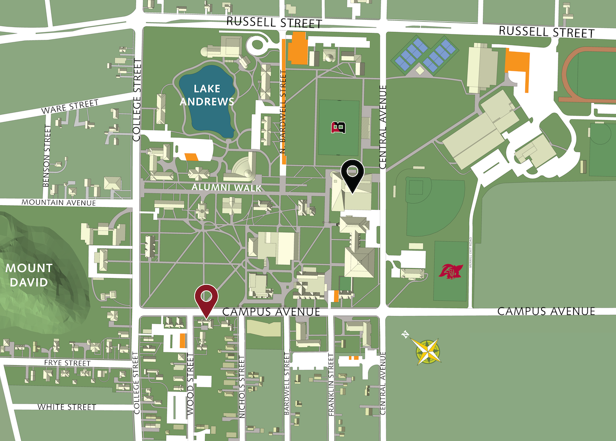 Campus map with markers over Lindholm and Commons
