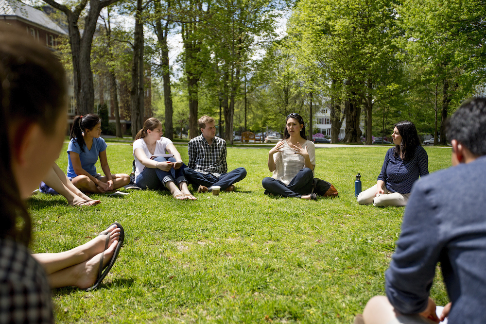 EXDS s21. Life Architecture: Designing Your Future Work.
Visit to class held on the historic Quad by podcaster Megan Tan.
Everyone works, whether for pay or for pleasure, in public or in private, with gusto or with dread. This course supports students as they prepare for a lifetime of work by encouraging consideration of the philosophical components of their plan including identifying and developing personal attributes correlated with career well-being, exploring the context of vocational decision making, and contemplating how meaning and purpose can be infused into any work. They also consider the pragmatic components, discussing how mentors can be cultivated, how jobs are best secured, and the practical considerations that can hold people back from realizing their visions. Not open to First-Years or Sophomores New course beginning Short Term 2016. Enrollment limited to 30. (Purposeful Work.) Normally offered every other year. Rebecca Fraser-Thill, Director of Program Design, Purposeful Work, Lecturer in Psychology