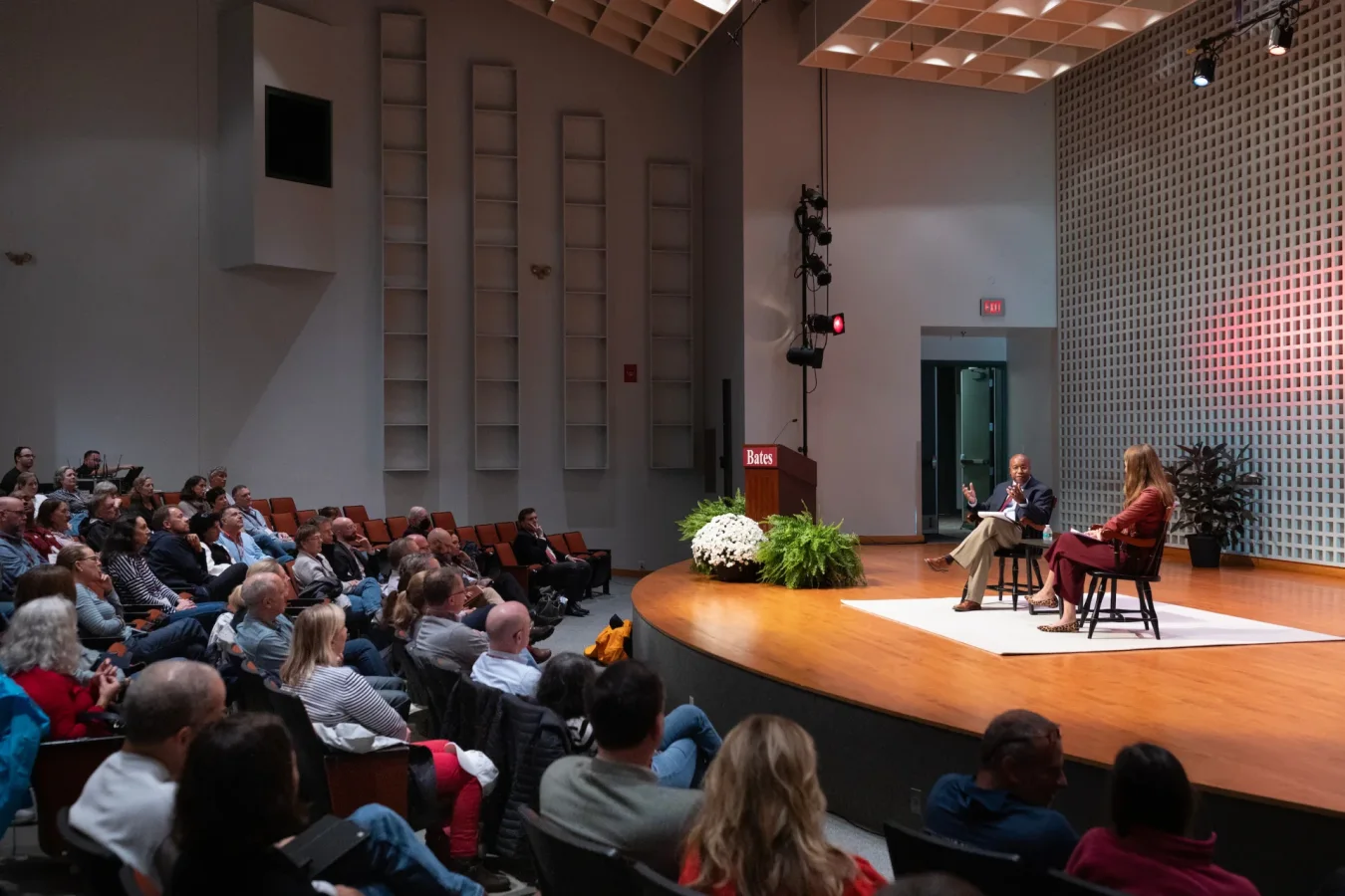 ARMCHAIR CONVERSATION
President Garry W. Jenkins sat down with Leigh Weisenburger, vice president for enrollment and dean of admission and financial aid, for a conversation in the Olin Arts Center Concert Hall.

Asked what has surprised him about Bates in his first few months, Jenkins said that the Bates people he’s met and worked with so far are “more talented, more engaged, and more thoughtful,” than he had suspected.

“We have an uncommon depth of care for one another and for the world around us on this campus.”