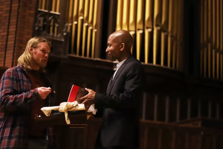 Bates English professor Myronn Hardy spoke about his new book, "Aurora Americana," and read poems from it in Gomes Chapel on Oct. 11. Myronn Hardy's Poetry Book Launch and Reading
October 11, 2023
Peter J. Gomes Chapel
7:00 - 8:30 PM
Myronn Hardy, Assistant Professor of English, will read from his newly published book of poems, Aurora Americana (Princeton University Press, 2023).
His other books of poems include: Approaching the Center, The Headless Saints, Catastrophic Bliss, Kingdom, and Radioactive Starlings.
He has received several awards and fellowships.