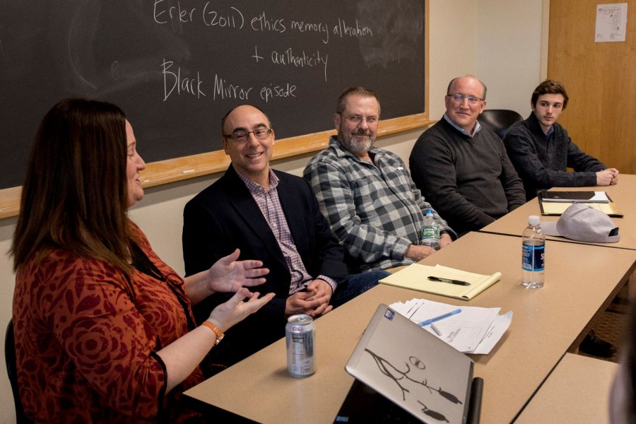 College Key Distinguished Alumni in Residence Program 2018 Edward G. Meloni, Jr., Ph.D. '91 Professor of Psychiatry, McLean Hospital visits Professor of Neuroscience Nancy Koven's "Embodied Cognition, Technoculture, and Future of Identity" course. Also present, Jeff Sturgis '69, P'93, College Key president, Steve Brackett '85, P'22 and Stephen Brackett '22.