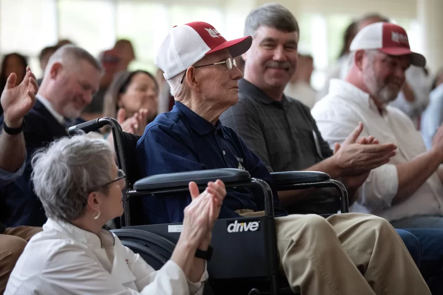 On Saturday April 29, 2023 at Perry Atrium in Pettengill Hall the Bates Rowing teams dedicated the new rowing shell to Ralph Sylvester ’50. Bates Rowing Head Coach Peter Steenstra presented Sylvester with a blade during the dedication ceremony, making Sylvester the only non-rower to receive one.