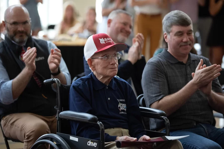 On Saturday April 29, 2023 at Perry Atrium in Pettengill Hall Bates Rowing Head Coach Peter Steenstra presented Bates alumnus ’50 Ralph Sylvester with a blade. Sylvester is the only non-rower to receive a blade.