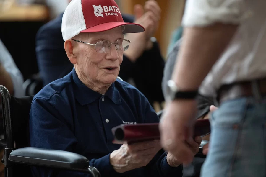 On Saturday April 29, 2023 at Perry Atrium in Pettengill Hall Bates Rowing Head Coach Peter Steenstra presented Bates alumnus ’50 Ralph Sylvester with a blade. Sylvester is the only non-rower to receive a blade.