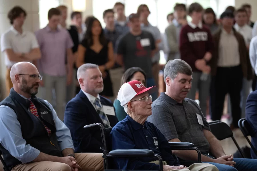 On Saturday April 29, 2023 at Perry Atrium in Pettengill Hall the Bates Rowing teams dedicated the new rowing shell to Ralph Sylvester ’50. Bates Rowing Head Coach Peter Steenstra presented Sylvester with a blade during the dedication ceremony, making Sylvester the only non-rower to receive one.