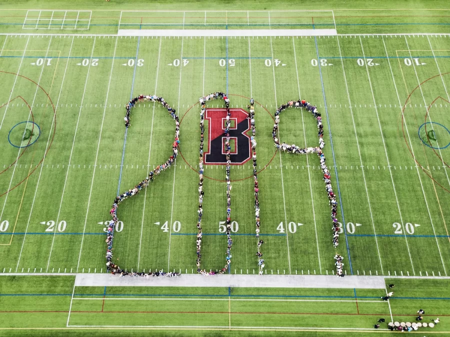 Bates class of 2019 class portrait on Garcelon Field on May 24, 2019. (Drone Photo by Colin Kelley)