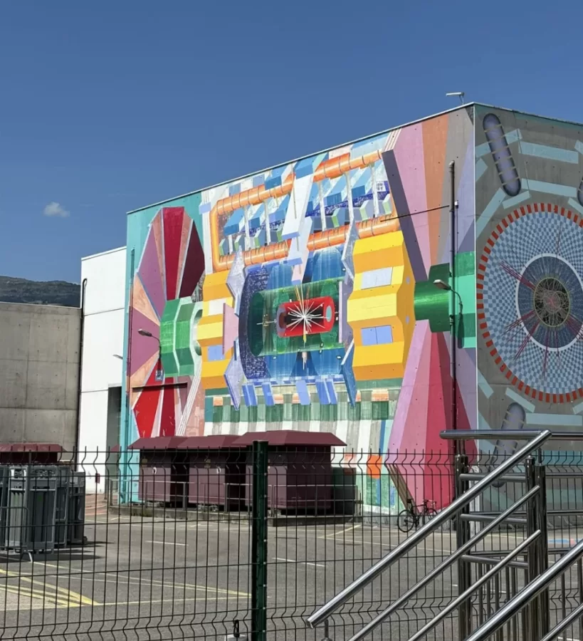A mural on the ATLAS detector building. The ATLAS is 100 feet below the mural and three times larger that the mural.
