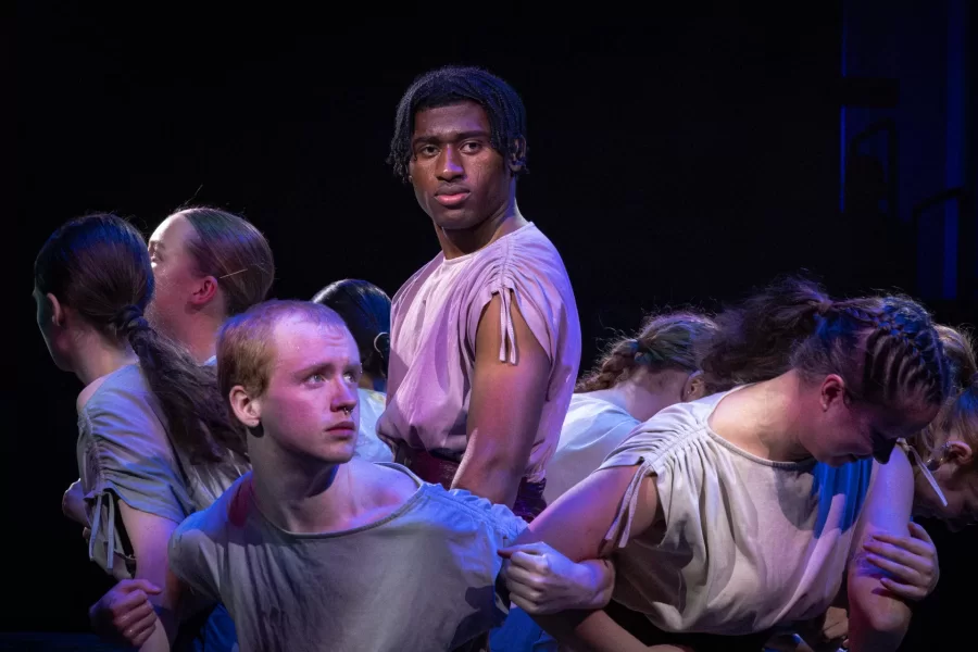 Students perform in the Fall 2025 theater and dance performance featuring an on stage "pool" of water as well as new lighting and sound technologies.