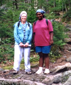 Sharon (L) and a Ben Mays Scholar on the trail up Borestone Mountain near Monson, Maine, in July1997