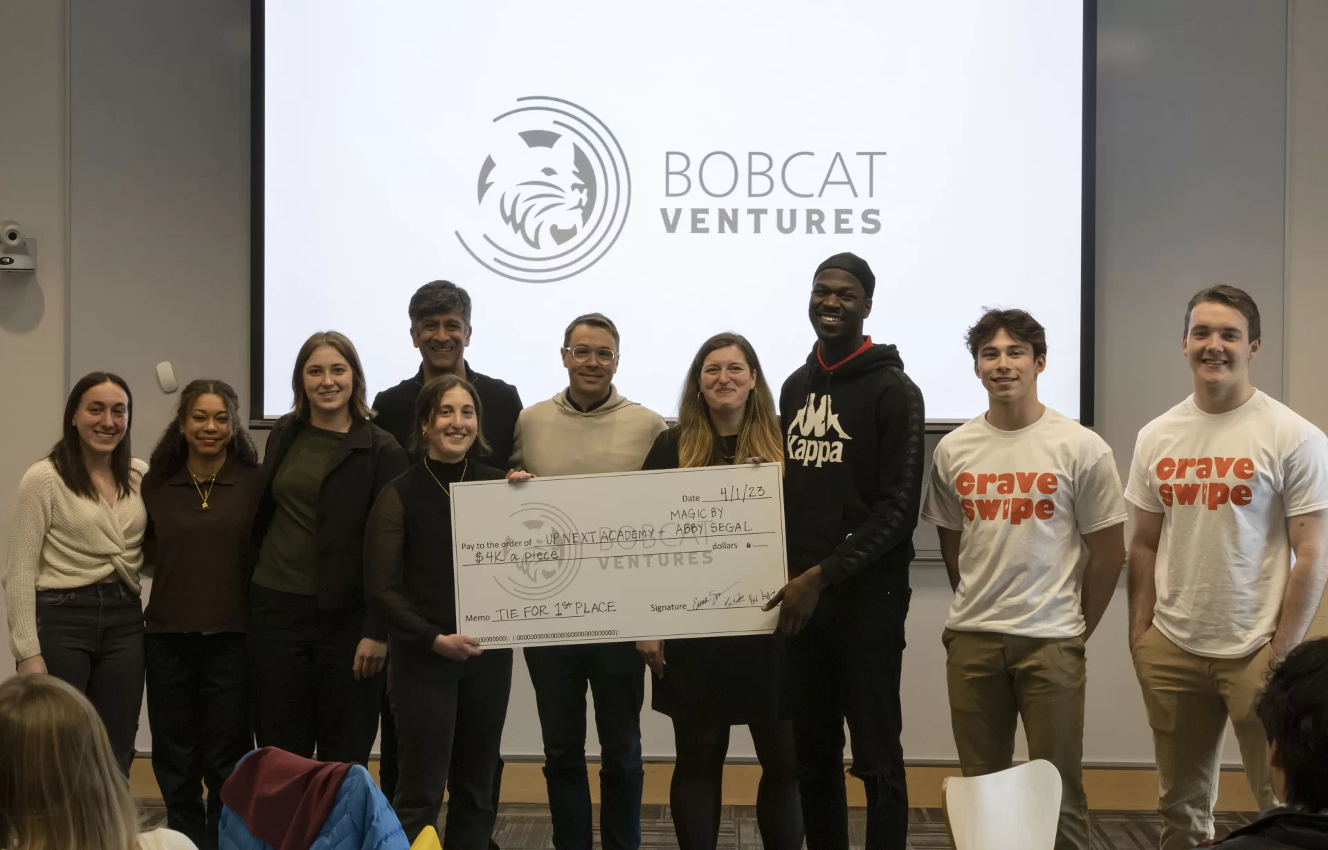 2023 Bobcat Ventures Winning Pitch Teams with competition judges and large prize check