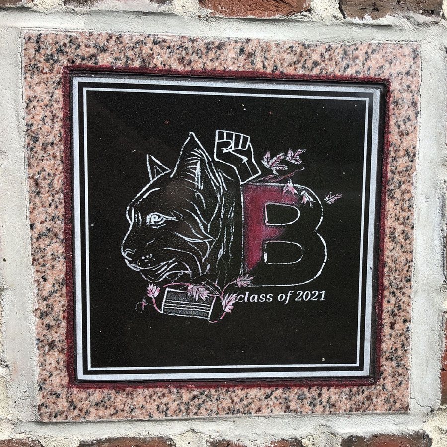 The 2021 ivy stone is on the Alumni Walk side of Pettengill