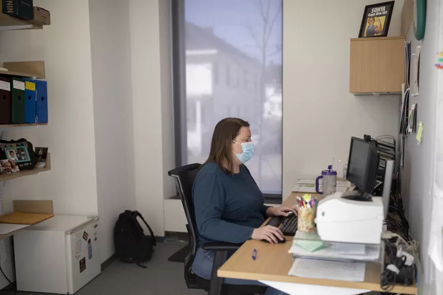 Sonya Locke ,Science Resource Manager,
Science Resource Support Services, in her 
Bonney Science Center office, Room 187, and the Autoclave on the second floor.