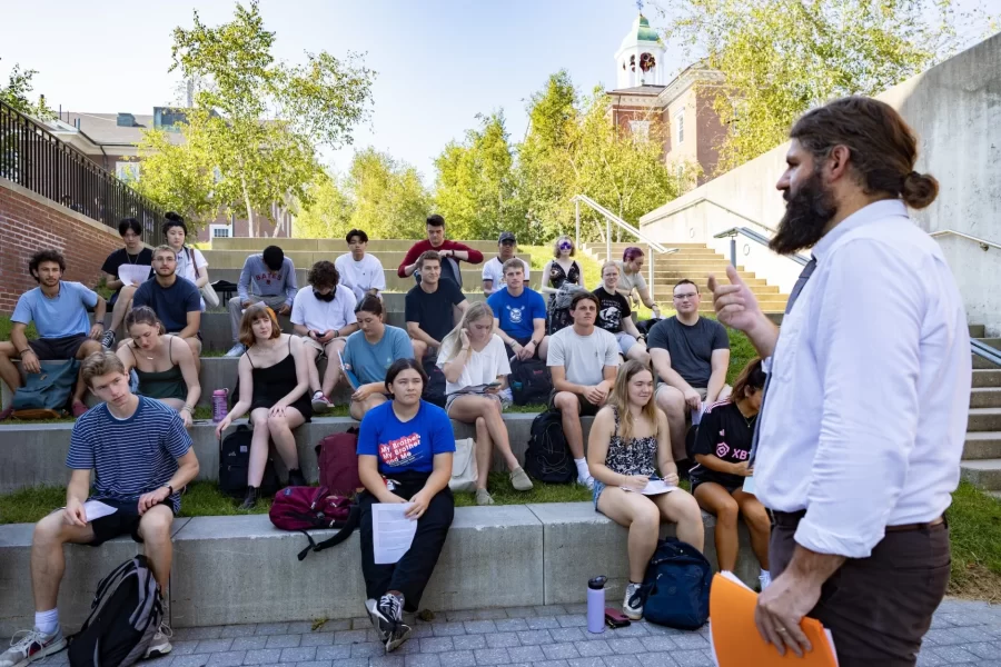 Assistant Professor of Classical and Medieval Studies Mark Tizzoni fishes up teaching on the steps between Pettengill and Lane halls on the morning of Sept. 7, 2023.
His course is titled “CMS 291 - Colonization and Resistance in Late Antique North Africa” and it’s described this way:
While treated by some scholars as peripheral, North Africa was and is a central arena in global history. This course examines the Maghreb in the dynamic period of transformation that saw the Roman Empire devolve into separate political and social entities, ca.200-700 C.E. In these critical centuries, North Africa and North Africans served both as anchors preserving Roman culture and society, and key agents in its transformation and devolution. Approaching the topic through primary and secondary sources, this course focuses on key themes: colonization and resistance, ethnicity and identity, and cultural and social cohesion. Recommended background: CM/HI 102.