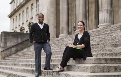 Jeremy Glover '17 with Professor of English Sylvia Federico at Leeds University. (Clair Wood for Bates College)