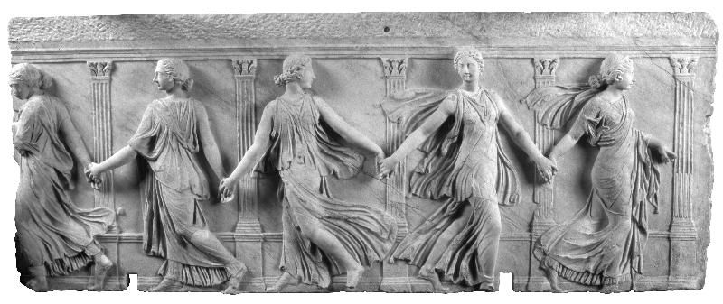 "This low relief frieze, 'The Borghese Dancers,' depicts a happy gathering of the Three Graces and Horae, the Goddesses of Time."