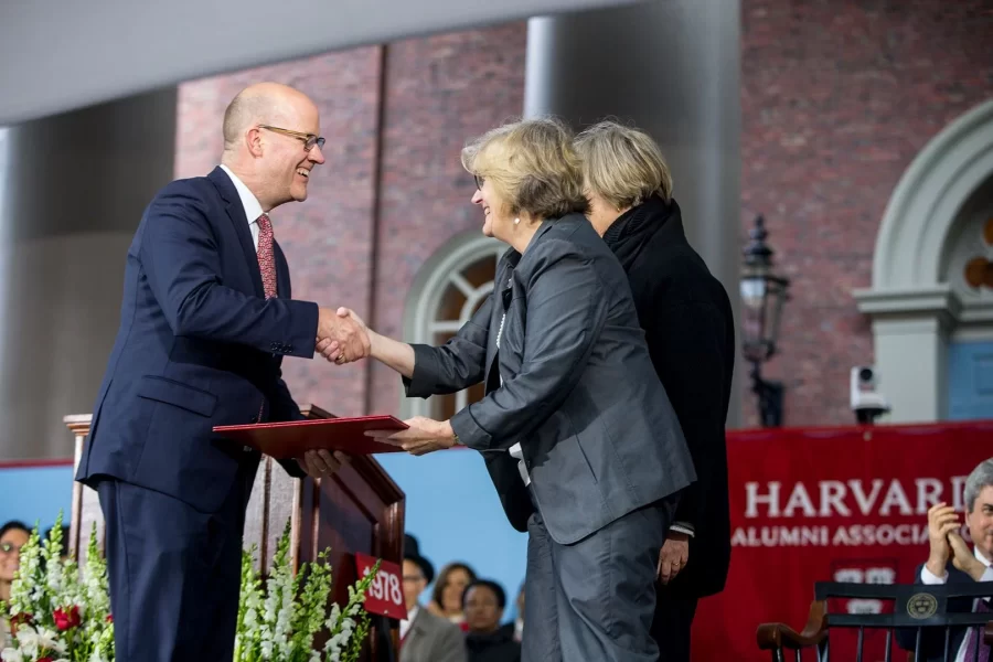 At Harvard University, Spencer receives the Harvard Medal on May 25, 2015, for her service to four different Harvard presidents across 15 years. 