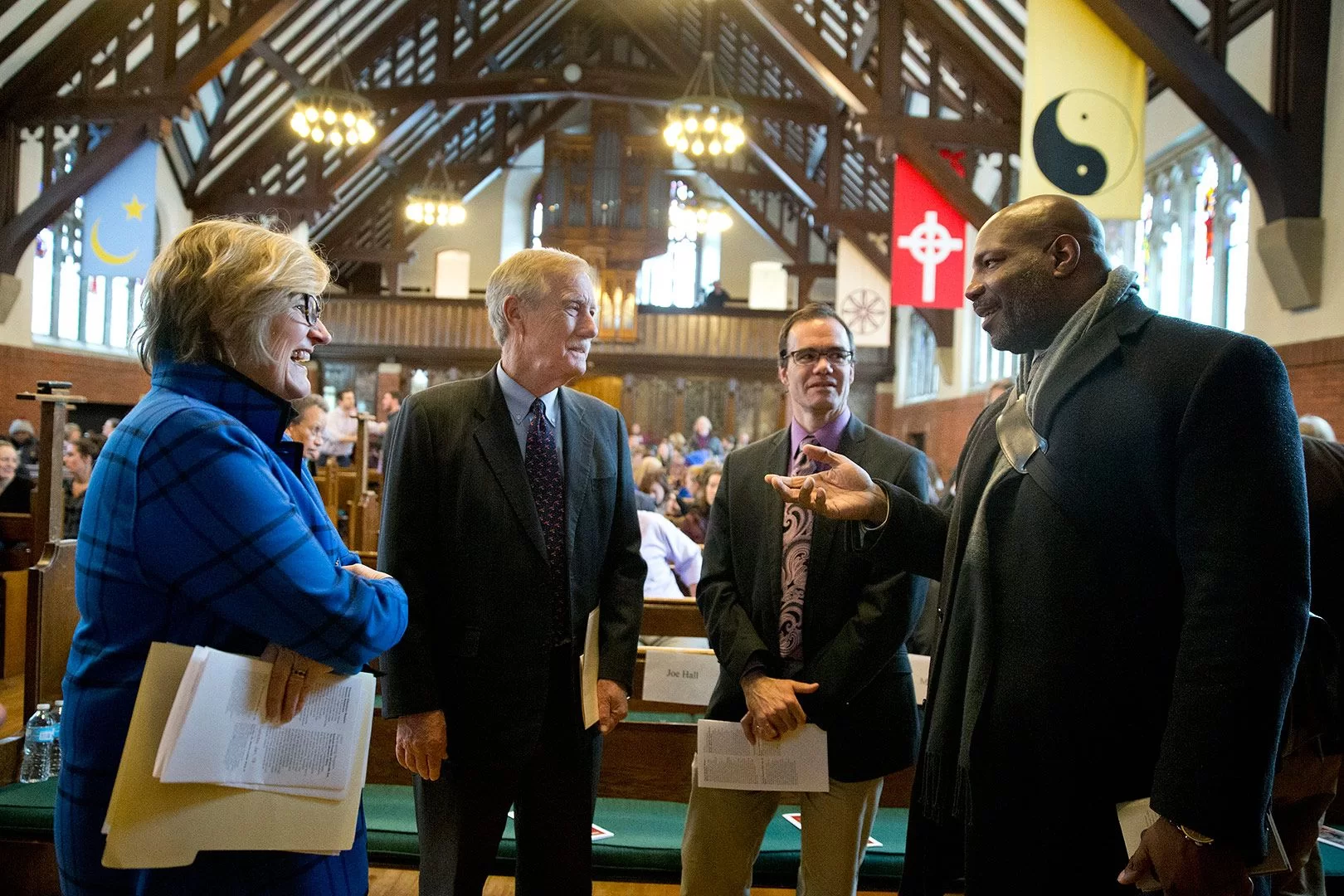 Spencer talks with U.S. Sen. Angus King, I-Maine, Associate Professor of History Joe Hall, and MLK Day keynote speaker Jelani Cobb on Martin Luther King Jr. Day in 2016. (Phyllis Graber Jensen/Bates College)