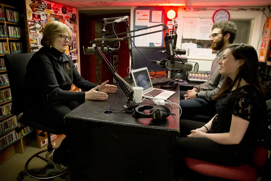 President Clayton Spencer does an interview with WRBC program hosts. Jordana Gluckow ’16, from Alpine, NJ and Alfred Russo ’15, from Garden City, NY -- Questions provided by WRBC Lauren Piccirillo '15 (the station’s general manager)