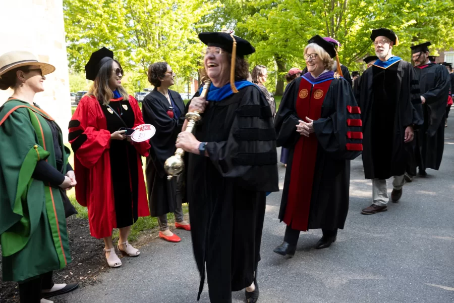 Spencer and Mace Bearer and Professor of French and Francophone Studies Mary Rice-Defosse lead the academic procession at her final Commencement on May 28, 2023.