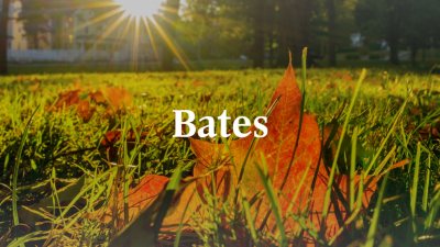 White Bates wordmark with sunshine and foliage in background