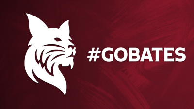 White Bates Bobcat with GoBates white text over painted garnet background
