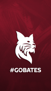 White bobcat with go Bates text over painted garnet background