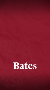 White Bates wordmark over garnet background