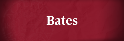 White Bates wordmark over garnet background