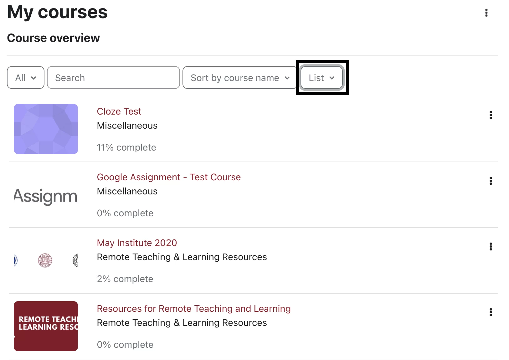 Course overview in List View.