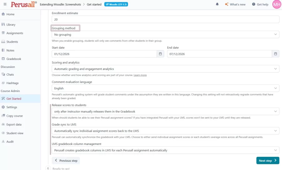 Perusall Basic Settings Screenshot