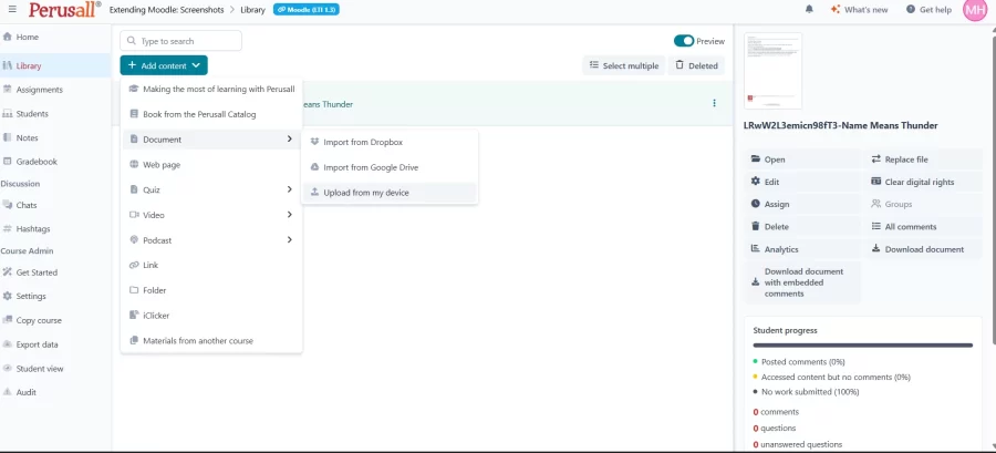 Perusall Library: Selecting a document