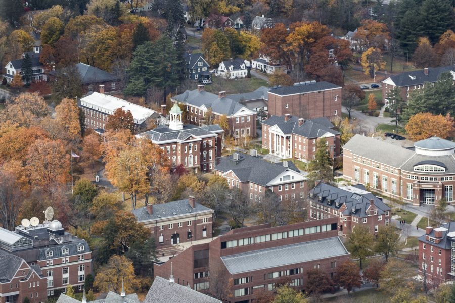 Shown in 2015, these buildings at the heart of the Bates campus are among the 28 whose day-to-day electrical use is tracked by energy manager John Rasmussen. (Josh Kuckens/Bates College)
