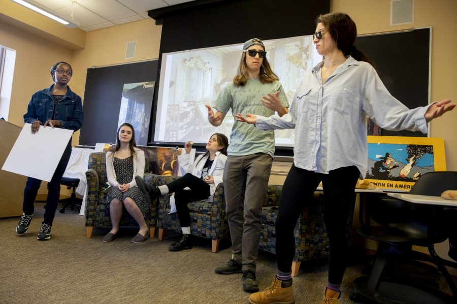 In April, students in Professor of French and Francophone Studies Kirk Read’s oral French course perform a scene from Read’s Marie Malika d’Alger plays. From left, Kaylah Johnson ’21, Kate Carrier ’22, Jamie Kelleher ’19, Jake Michael ’21, and Emma Vlahakis ’20. (Phyllis Graber Jensen/Bates College)