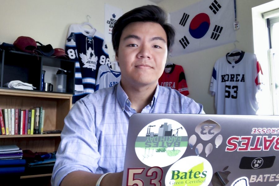 Kyung Phil Ko of Toronto, Canada, in his room at Village 1, with his laptop, and in some pictures, with an electrical cord that hooks his laptop to his speakers.
It soon became clear that three seniors in the course — Leo Crossman, Fahim Khan, and Avi Brach-Neufeld — already had considerable know-how in the snake-named programming language. (Also involved in the project are two EcoReps, Biruk Chafamo ’22 of Addis Ababa, Ethiopia, and Kyung Phil Ko ’22 of Ontario.)