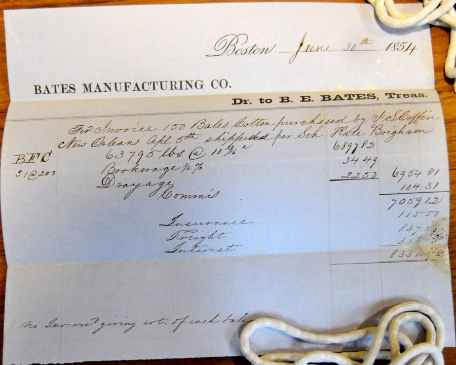 Dated June 30, 1854, this invoice for 150 bales of cotton (63,795 pounds), for delivery to the Bates Manufacturing Co. and its treasurer, Benjamin Bates, indicates that the cotton was shipped from New Orleans on the schooner Kate Brigham. (Photograph by Anelise Hanson Shrout)