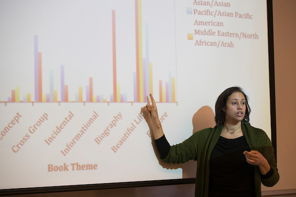 Associate Professor of Psychology Krista Aronson discusses themes and perspectives that underlie children’s literature during a Public Works in Progress program sponsored by the Harward Center. The multiyear research, in collaboration with elementary schools and community agencies, has explored storybook- and multimedia-based interventions. (Phyllis Graber Jensen/Bates College)