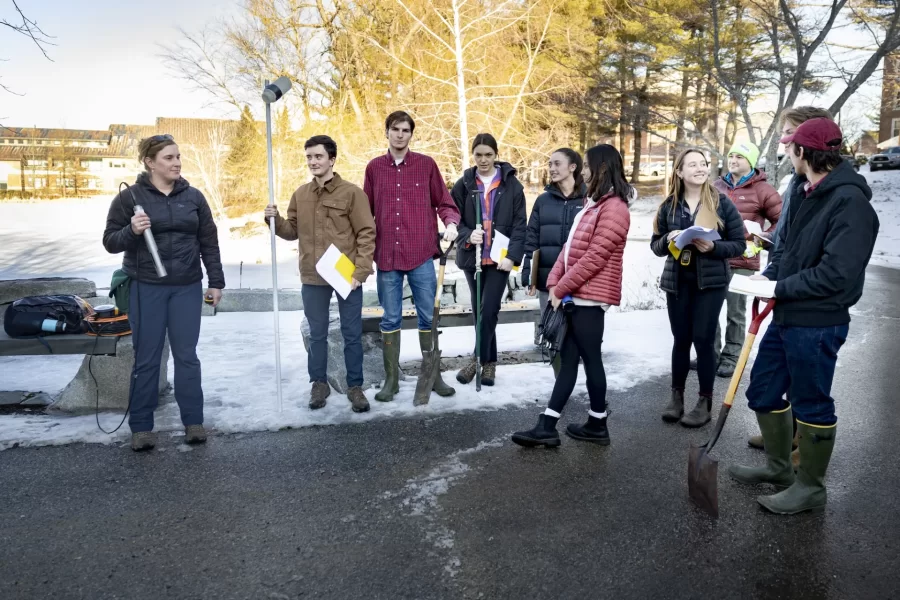Visiting Assistant Professor of Earth and Climate Sciences Anne Fetrow leads students in her class in a lab at Lake Andrews where they learn to use scientific equipment to evaluate water qualities.

EACS 240 - Environmental Geochemistry/Lab
Environmental geochemistry draws from concepts in earth, climate, and environmental sciences, biology, and chemistry to study the behavior of natural and anthropogenic materials as they cycle through the various components of the Earth System. In this introduction to the field, students explore rock-water interactions, chemical equilibria, and biogeochemical cycling and develop field, laboratory, and modeling skills to work on local current environmental problems. Students may investigate climate change; mitigation and adaptation; surface and groundwater contamination by salt, arsenic, nutrients, and/or heavy metals; acid mine drainage; and the history of atmospheric lead deposition. The laboratory includes fieldwork, chemical analysis of environmental samples using inductively coupled plasma emission spectroscopy, and stable isotope ratio mass spectrometry and modeling using STELLA. Prerequisite(s): any 100-level earth and climate sciences course.
 jacket and brown hair