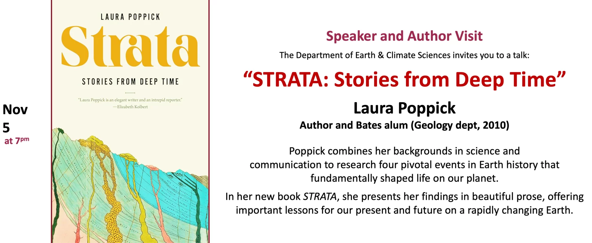 Guest speaker (5 November 2025) - Laura Poppick, Bates alum and author of "Strata: Stories from Deep Time"