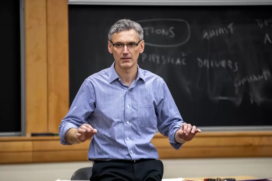 A day in the life of Pettengill Hall, featuring staff, faculty and students engaged in learning, studying, and working, with both internal and external images.
Francesco Duina teaches “Theoretical Foundations of Sociology,” G65